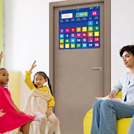 Calendar Pocket Chart Classroom Monthly Chart with 76 Cards 68 Illustrated Activity Cards 8 Dry Erase Blank Cards Plus 3 Over-Door Metal Hangers for Classroom Home or Preschool 20 x 19 Inches {2}