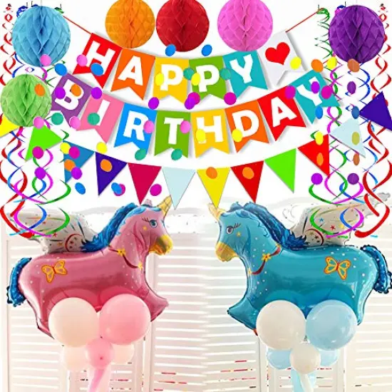 Colorful Happy Birthday Banner with Paper Triangle Flags, Bunting, Circle Confetti Dots, Hanging Garland, Honeycomb Balls, and Swirl Streamers for Birthday and Baby Shower Party Decorations {1}