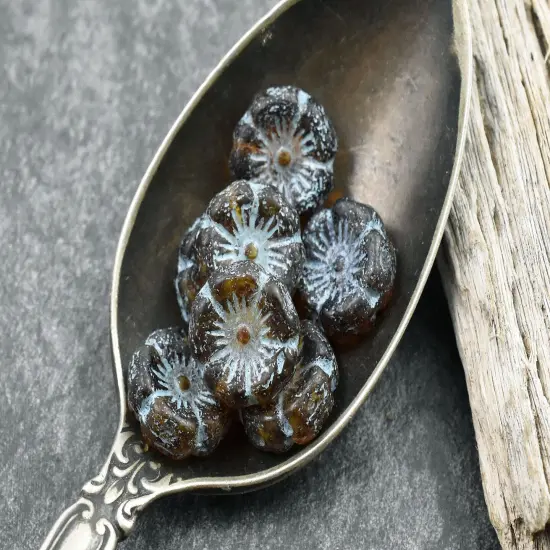 *12* 12mm Turquoise Washed Etched Matte Amber Hawaiian Flower Beads {2}