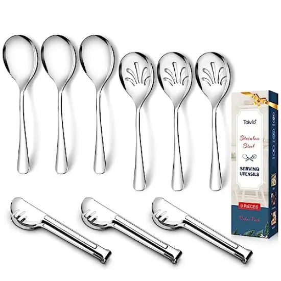 Stainless Steel Metal Serving Utensils - Large Set of 9-10" Serving Spoons, 10" Slotted Spoons, and 9" Serving Tongs by Teivio (Silver) {1}