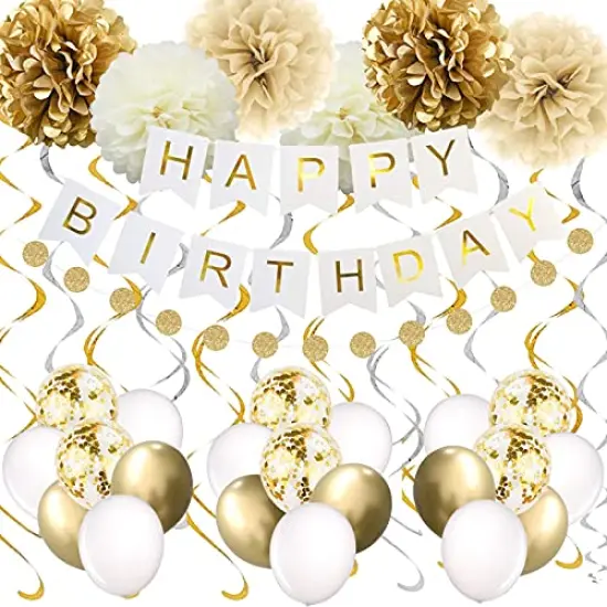 Gold Birthday Party Decorations - Happy Birthday Banner and Supplies for 16th, 18th, 21st, 30th, 40th, 50th, 60th, and 70th Celebrations, Including Gold and White Balloons {2}