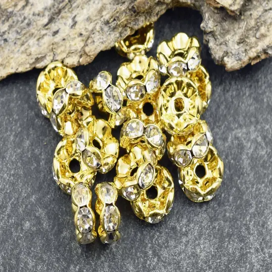 Gold w/ Crystal Rhinestone Wavy Edge Rondelle Spacer Beads {1}