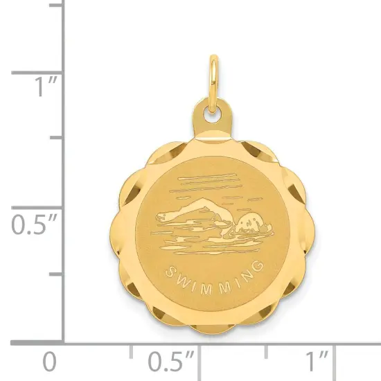 14K Yellow Gold Swimming Disc Charm Pendant Jewelry 25mm x 19mm {5}