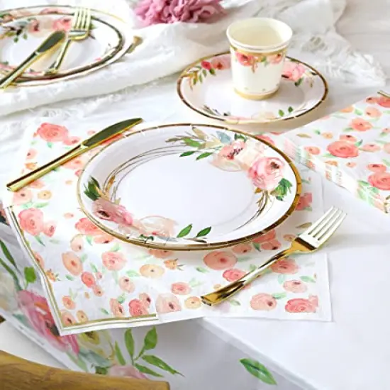 Floral Paper Plates and Napkins Party Supplies - Serves 16 - Flower Plates Floral Party Cups Knifes Forks Floral Baby Shower Decorations for Girl Pink and Gold Bridal Shower Tea Party Birthday {5}