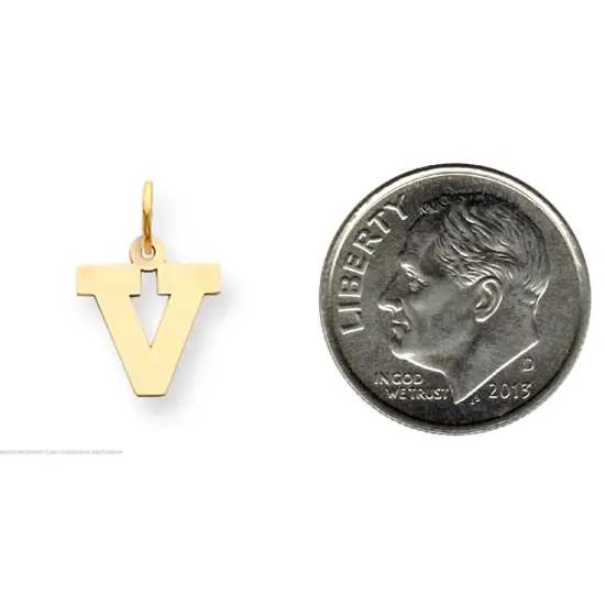 14K Yellow Gold Small Block Intial Letter V Charm Jewerly 18mm x 10mm {2}