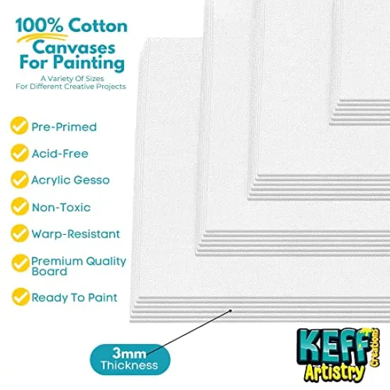 KEFF Canvases for Painting - 24 Pack Art Paint Canvas Panels Set Boards - 5x7, 8x10, 9x12, 11x14 Inches 100% Cotton Primed Painting Supplies for Acrylic, Oil, Tempera & Watercolor Paint {5}
