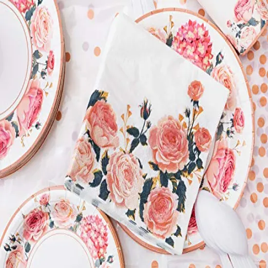 Floral Party Supplies, (Serves 24) Rose Flower Disposable Paper Plates Cups Napkin, Knives Spoons Forks, Tableware Sets for Baby Shower Birthday Bridal Shower Tea Mothers Day Decorations {5}