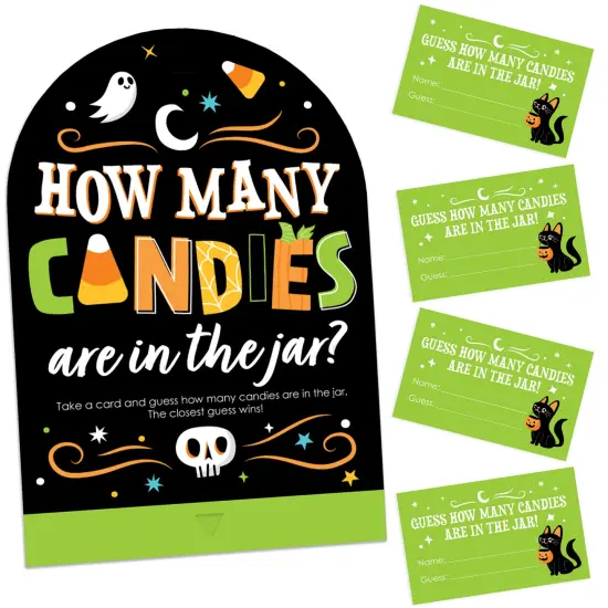 Big Dot of Happiness Jack-O'-Lantern Halloween - How Many Candies Kids Halloween Party Game - 1 Stand and 40 Cards - Candy Guessing Game {1}