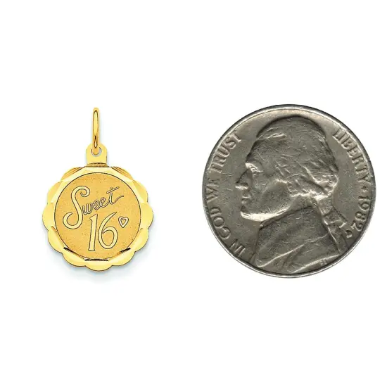 14K Yellow Gold Sweet Sixteen Disc Charm Pendant Jewerly 23mm x 15mm {2}