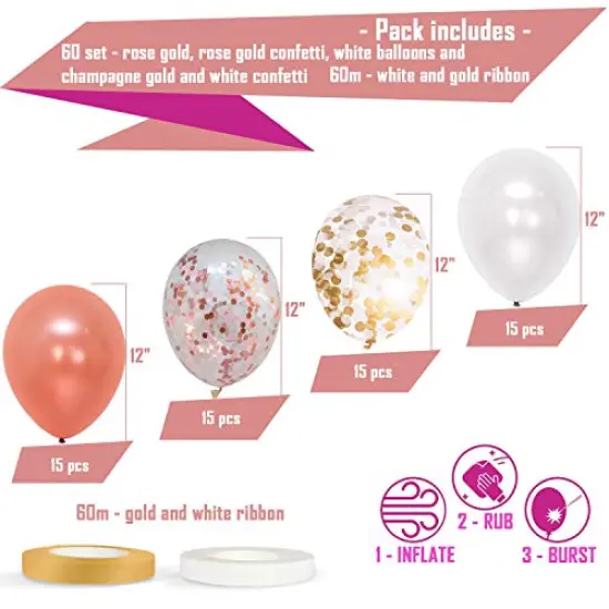 60 Pack Rose Gold Balloons - Includes White Balloons and Confetti Balloons with Ribbon | Ideal for Bridal, Baby Shower, Graduation, and Engagement Party Decorations {4}