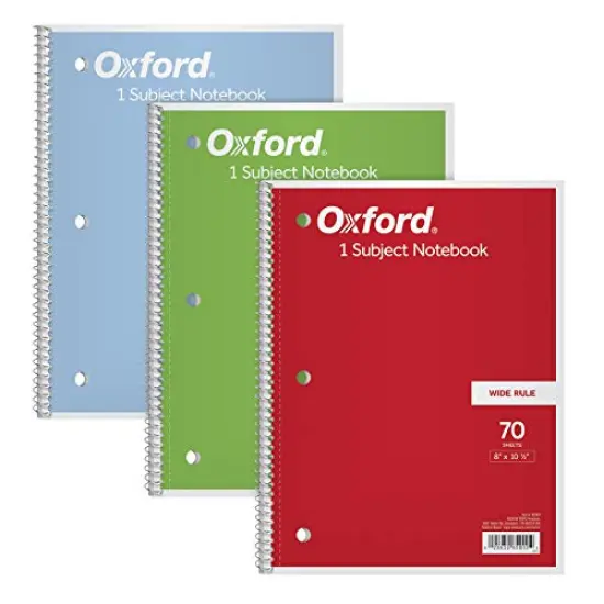 Oxford 1-Subject Notebooks, 8" x 10-1/2", Wide Rule, 70 Sheets, 3 Pack, Color Assortment May Vary (65029) {1}
