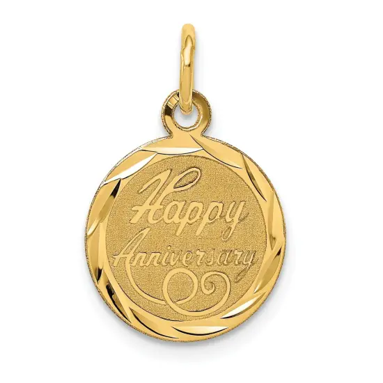 14K Yellow Gold Happy Anniversary Disc Charm Pendant Jewerly 21mm x 13mm {1}