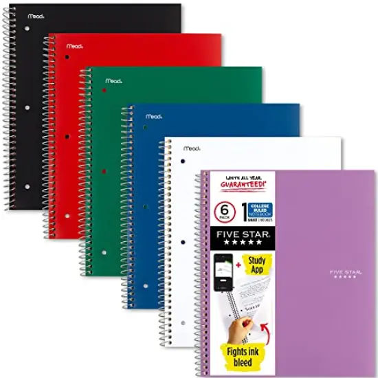 6-Pack Spiral Notebooks with Study App 1-Subject College Ruled Paper Fights Ink Bleed Water-Resistant Cover 8-1/2" x 11" 100 Sheets Color Will Vary {2}
