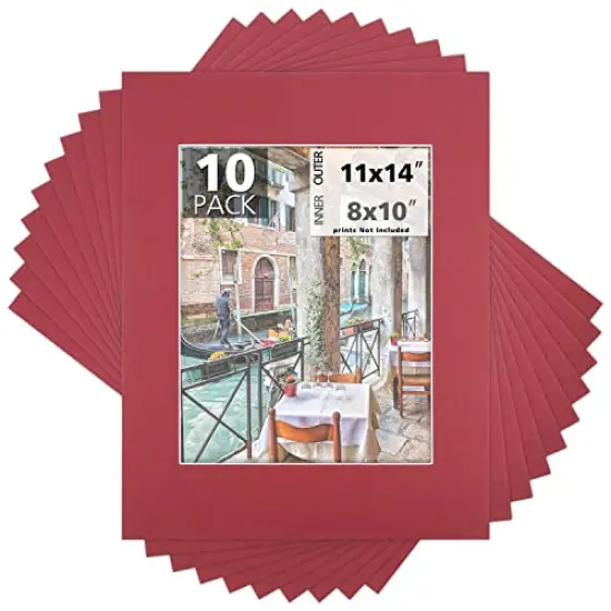 Pack of 10, 11x14 for 8x10 China Red Color Mats - Acid Free, 4-ply Thickness, White Core - for Pictures, Photos, Framing {1}