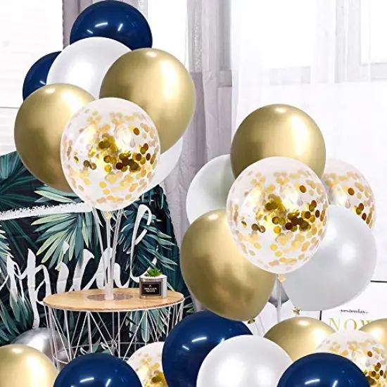50 pcs 12 Inch Navy Blue and Gold Confetti Balloons - Pearl White and Gold Metallic Chrome Balloons for Birthday, Celebration, and Graduation Party {5}