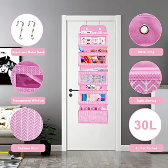 VERONLY Over the Door Hanging Organizer with 5 Large Pockets - Wall Mount Pantry Storage with 2 Big Metal Hooks for Baby Girl’s Diapers Closet,Bathroom,Nursery,Bedroom,Dorm,Baby,Kids Toys (Pink) {4}