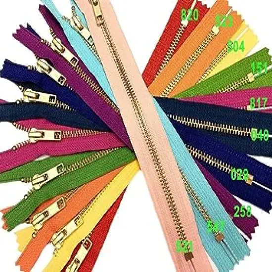 Metal Handbag Zippers YKK #5 Brass Auto Lock Zipper Medium Weight Closed Bottom Available in 7 Inch or 9 Inch Made in USA (9 Inch 10pcs, 10 Colors Mixed) {1}