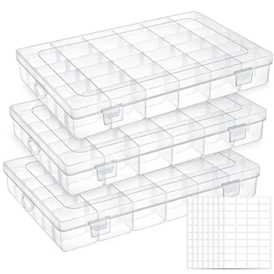 UOONY 3 Pack 36 Grids Plastic Organizer Box Craft Storage with Adjustable Dividers, Bead Organizer Container for Earrings Fishing Tackles Crafts Jewelry Thread with 400pcs Label Stickers {1}