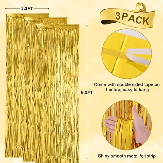 3 Pack 3.3x8.2 Feet Gold Foil Fringe Backdrop Curtains, Tinsel Streamers Birthday Party Decorations, Fringe Backdrop for Graduation, Baby Shower, Gender Reveal, Disco Party {1}