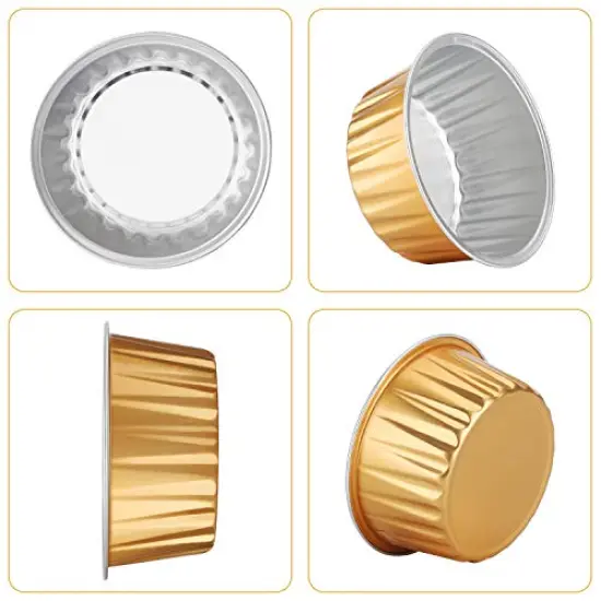 50 Pck Disposable Ramekins, Gold 50pcs 5oz Mini Aluminium Foil Baking Cups with Lids Creme Brulee Cupcake Liners, Desert Cheesecake Pans Flan Molds Tin Cups Containers for Party Favor Birthday {4}