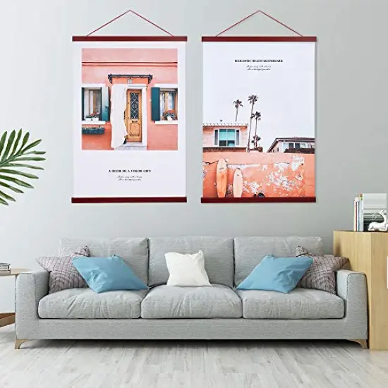 Magnetic Poster Hanger Frame, 8x10 8x12 8x24 Light Wood Wooden Magnet Canvas Artwork Print Dowel Poster Hangers Frames Hanging Kit (Mahogany, 8") {2}