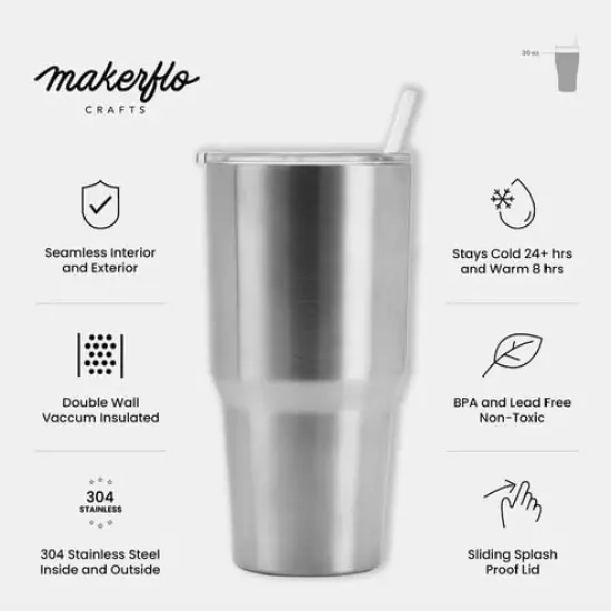 Makerflo 30 oz Stainless Steel Silver Destash Tumbler Pack of 25 with Lid & Straw | Craft-Ready for DIY Gifts & Personalization (Epoxy, UV DTF, Vinyl, and Laser Engraving) - Not for Sublimation {2}