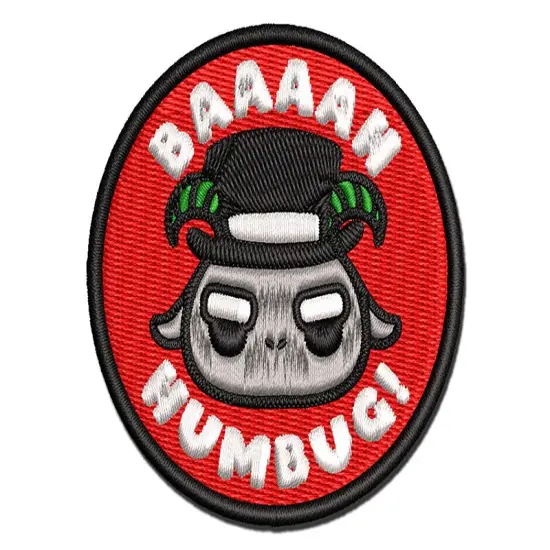Bah Humbug Funny Christmas Pun Goat Multi-Color Embroidered Iron-On or Hook & Loop Patch Applique {1}