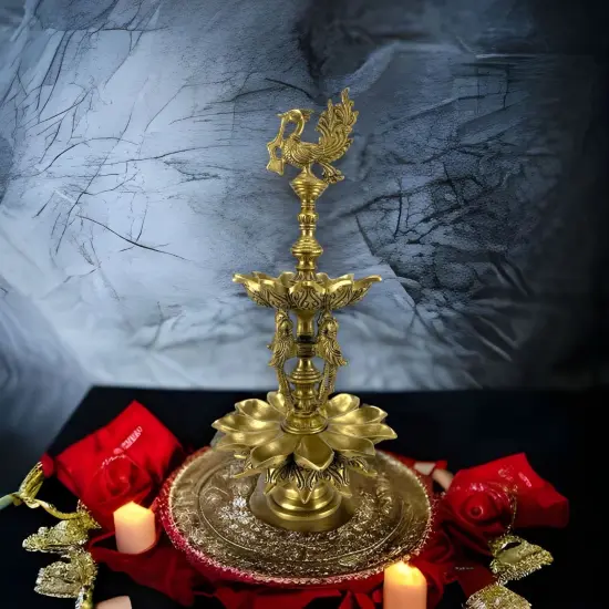 Large Parrot Brass Oil Diya Kerala Samai Puja Diya Traditional 18.5 Inch Oil Lamp Hindu Religious Kathu Vilakku Deepak for Puja Deepam Home Temple Diwali Decor Housewarming Return Gift {6}