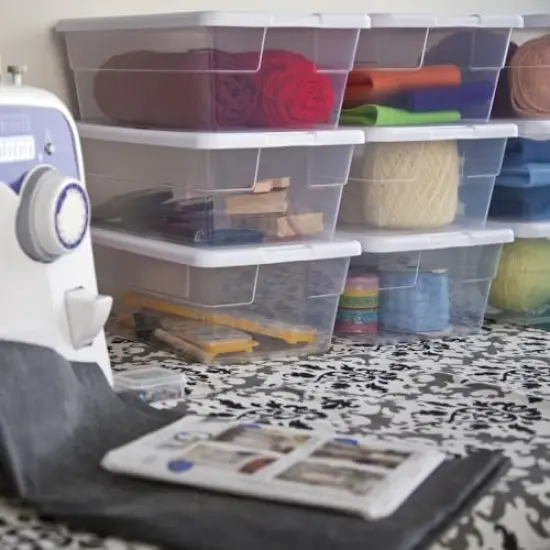 Sterilite 6 Qt Storage Box, Stackable Bin with Lid, Plastic Container to Organize Shoes and Crafts on Closet Shelves, Clear with White Lid, 12-pack {3}