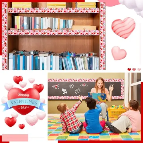 68.9 Feet Valentine's Day Gnomes Bulletin Board Border Decorations Red Pink Heart Love Gnomes Elf Rolled Border Trim for Valentine Day Party Classroom Bulletin Boards Chalkboard Wall Decor {3}