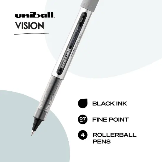 Uniball Vision Rollerball Black Pens Pack of 4, Fine Point Pens with 0.7mm Medium Black Ink, Ink Black Pen, Smooth Writing Bulk Pens, and Office Supplies {5}