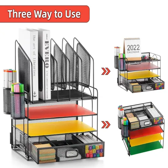Marbrasse Desk Organizer with Drawer, 4-Tier Mesh Desk File Organizer with 5 Vertical File Holders and 2 Pen Holders, Multifunction Desktop Organizer {5}