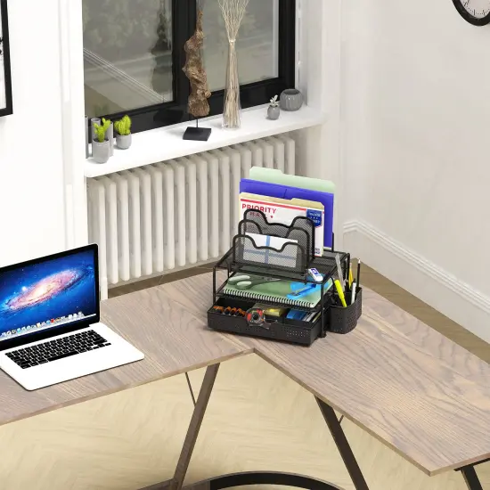 SimpleHouseware Mesh Desk Organizer with Sliding Drawer, Double Tray and 5 Stacking Sorter Sections, Black {6}