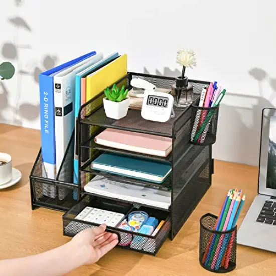 Marbrasse Desk Organizer with File Holder, 5-Tier Paper Letter Tray Organizer with Drawer and 2 Pen Holder, Mesh Desktop Organizer and Storage with Magazine Holder for Office Supplies(Black) {4}