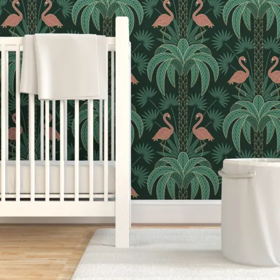 Pre-Pasted Wallpaper 2FT Wide Tropical Art Deco Flamingo Tropical Moody Flora Miami Plants Damask 1920S Elegant Maximalism Custom Pre-pasted Wallpaper by Spoonflower {7}