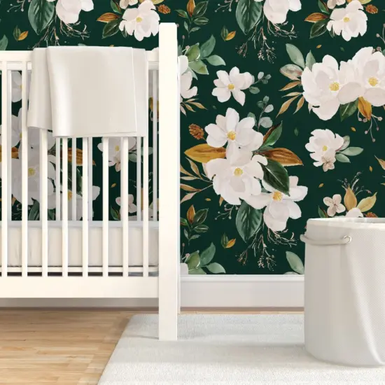 Pre-Pasted Wallpaper 2FT Wide Gold Floral Monstera Green Background Flower White Custom Pre-pasted Wallpaper by Spoonflower {7}