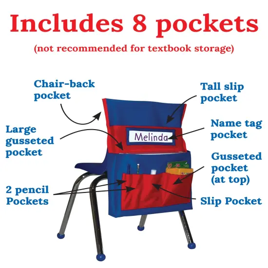 Carson Dellosa 12-Piece Chairback Buddy Pocket Chart Chair Set, 15" W x 19" H Desk Buddy Pocket Organizer With Name Tag, Back of Chair Organizer for Classroom Supplies, Chair Pockets for Classroom {4}