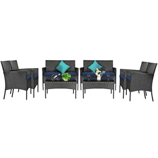 Costway 8PCS Patio Rattan Furniture Set Cushioned Sofa Coffee Table Backyard Turquoise/Red/Grey/White/Navy {11}