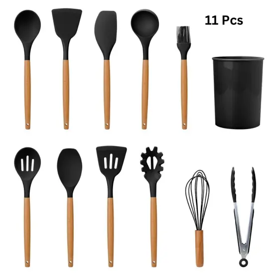 Wooden Handle Non Stick Silicone Cooking Utensil 11 pcs Black {2}