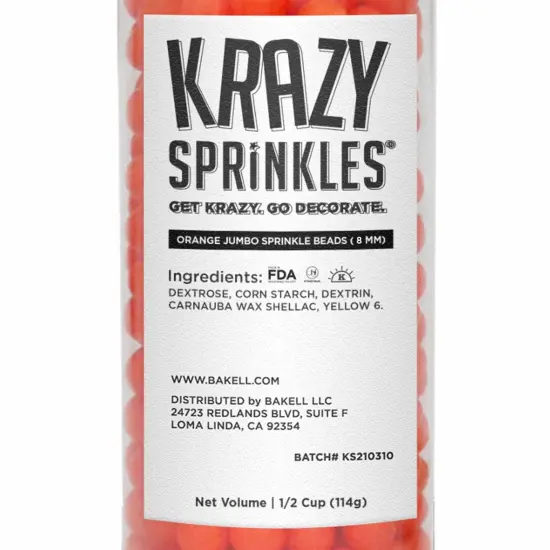 Krazy Sprinkles - Orange 8mm Beads (1/2 Cup, 1x Jar) for Cakes, Ice Cream & Cookies {5}