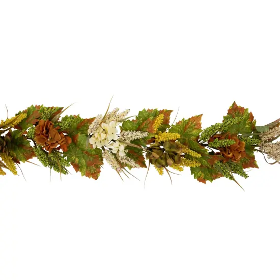Northlight 5' x 10" Flowers with Wheat Artificial Fall Harvest Garland, Unlit Green {6}