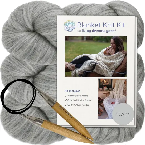 DIY Merino Wool Blanket Knitting Kit: Soft and Thick #7 Weight Jumbo Yarn, Knitting Needles and Pattern. Soft, Cozy, Great for Gifts Slate {1}