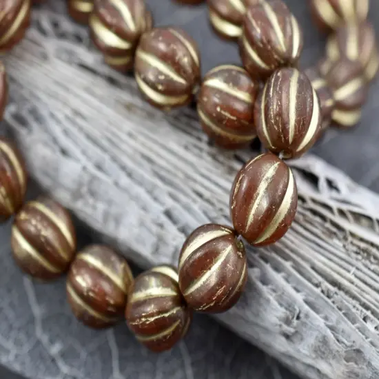 *15* 10mm Gold Washed Burnt Ginger Orange Round Melon Beads {3}