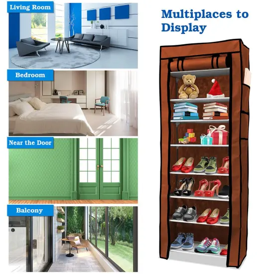 10 Tier Stackable Shoe Rack Organizer with Cover Brown {3}