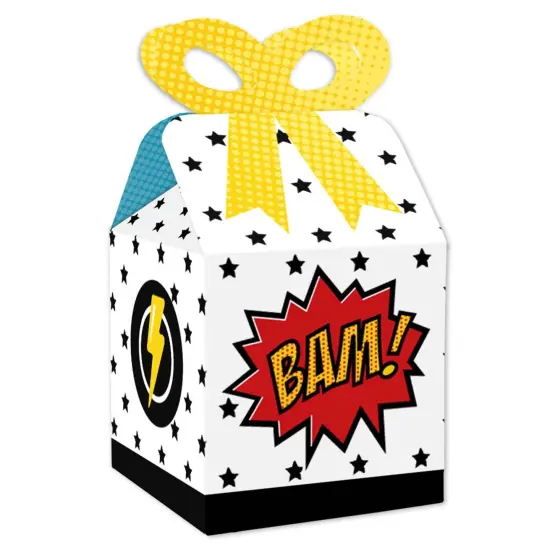 Big Dot of Happiness Bam Superhero - Square Favor Gift Boxes - Baby Shower or Birthday Party Bow Boxes - Set of 12 {1}