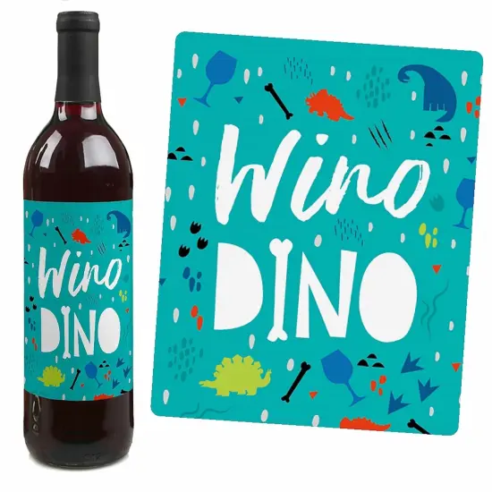 Big Dot of Happiness Roar Dinosaur - Dino Mite T-Rex Party Decorations for Women and Men - Wine Bottle Label Stickers - Set of 4 {7}