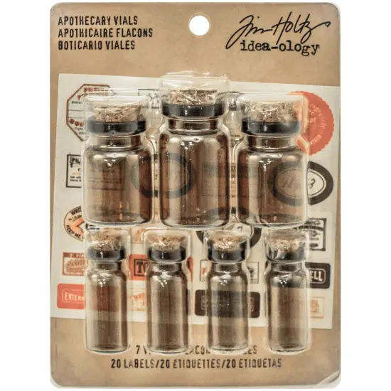 Idea-Ology Corked Glass Vials 7/Pkg-Apothecary Amber W/Vintage Labels {1}