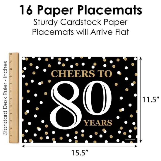 Big Dot of Happiness Adult 80th Birthday - Gold - Party Table Decorations - Birthday Party Placemats - Set of 16 {6}
