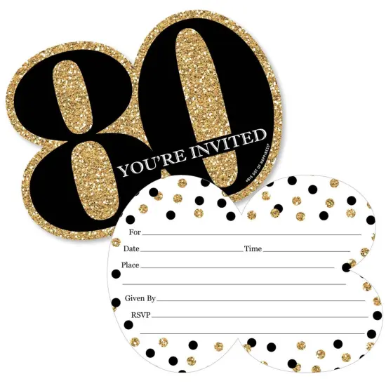 Big Dot of Happiness Adult 80th Birthday - Gold - Shaped Fill-In Invitations - Birthday Party Invitation Cards with Envelopes - Set of 12 {1}