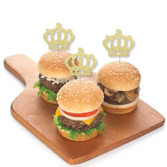 Big Dot of Happiness Gold Glitter Prince Crown - No-Mess Real Glitter Dessert Cupcake Toppers - Baby Shower or Birthday Party Clear Treat Picks -24 ct {4}